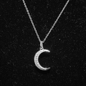 Sterling Silver Crescent Moon Polished Round Cubic Zirconia Necklace